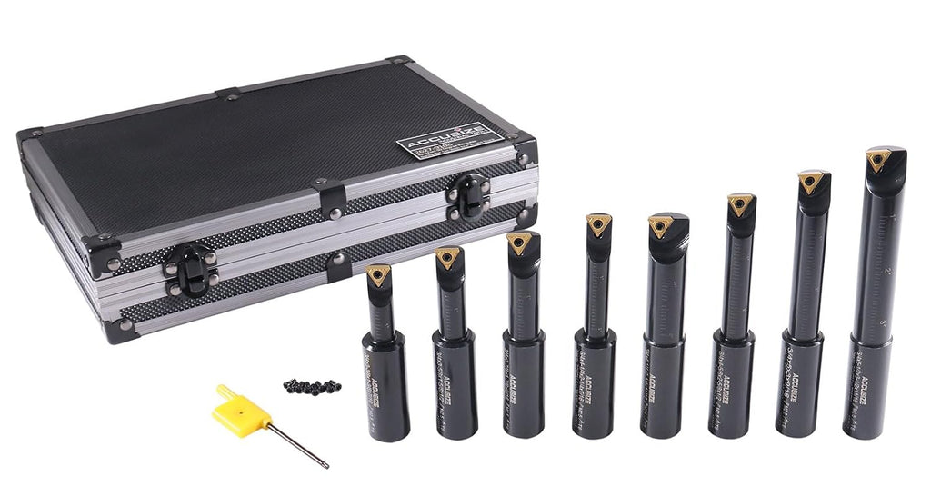 Accusize Industrial Tools Round Shank Indexable Boring Bar, 3/4 in | 8-Piece Set with TCMT 21.5 and TCMT 22 Carbide Inserts, 90 Degree, Bore Depth 1-3/8 in to 3-1/2 in, 2627-9108