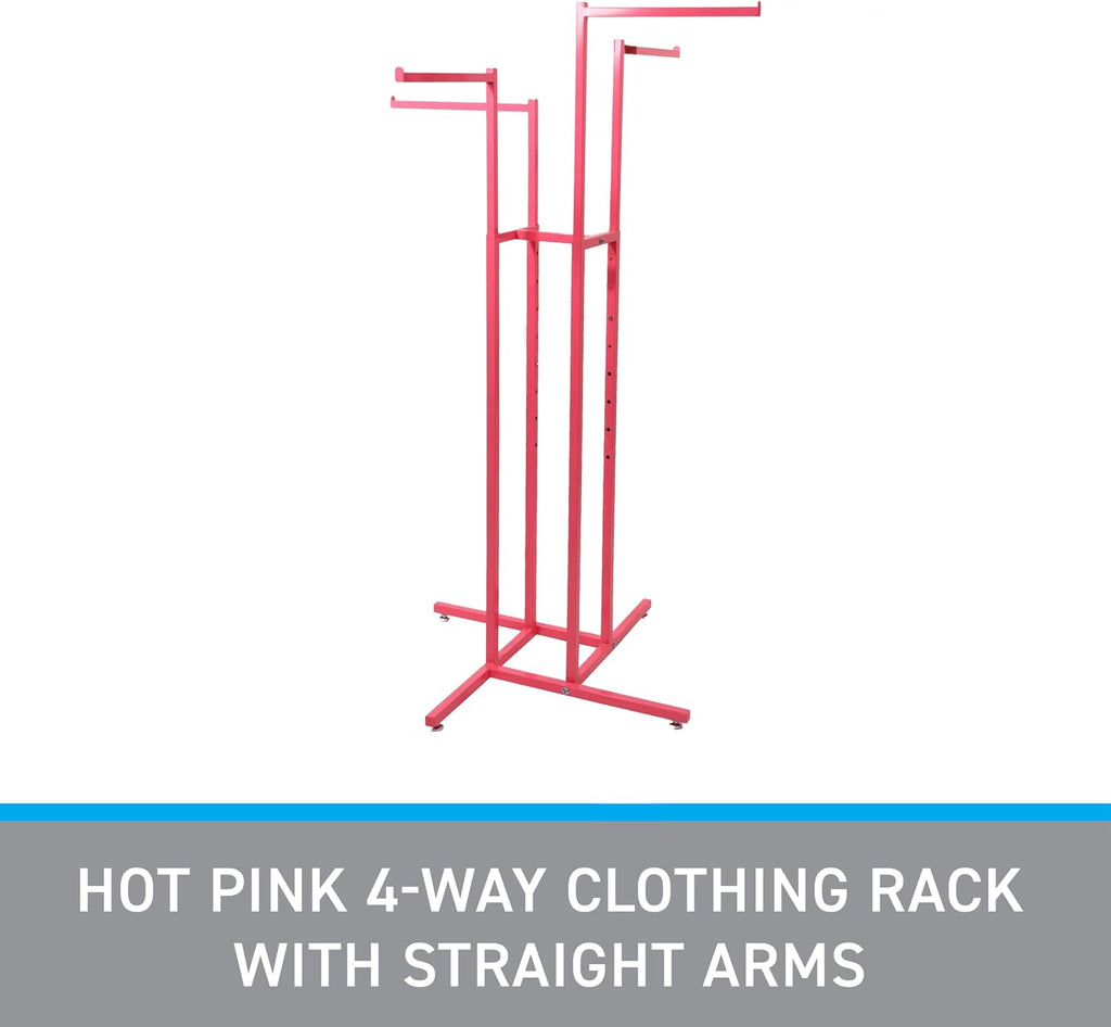 SSWBasics Hot Pink 4-Way Clothing Display Rack With Straight Arms- Durable Retail Clothing Rack for Boutique, Retail, and Thrift Stores - Sleek and Stylish Garment Display Stand