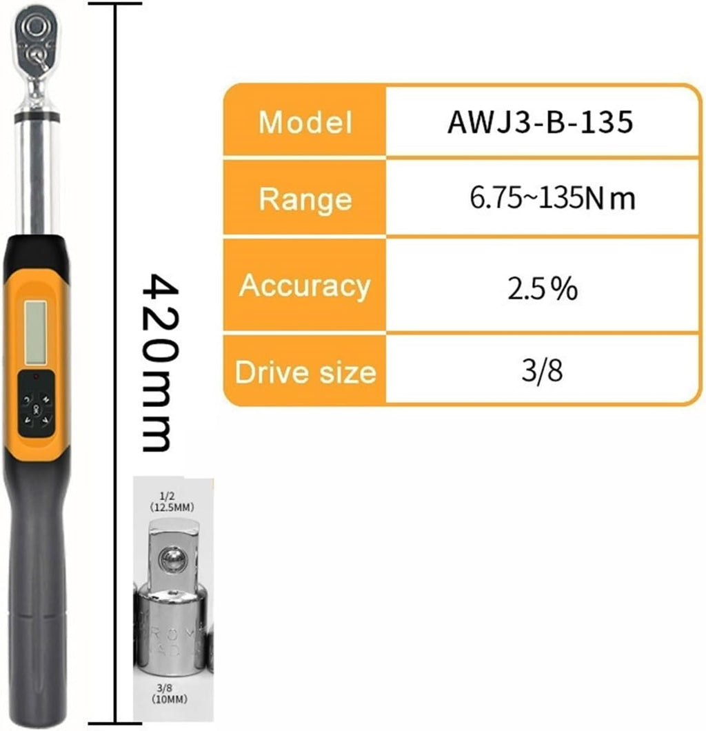 BIRAN Torque Wrench AWJ3-B-135N.M 135N.M Preset Digital Torque Wrench Hand Repair Tool(3/8 to 1/2 AWJ3-B-135)