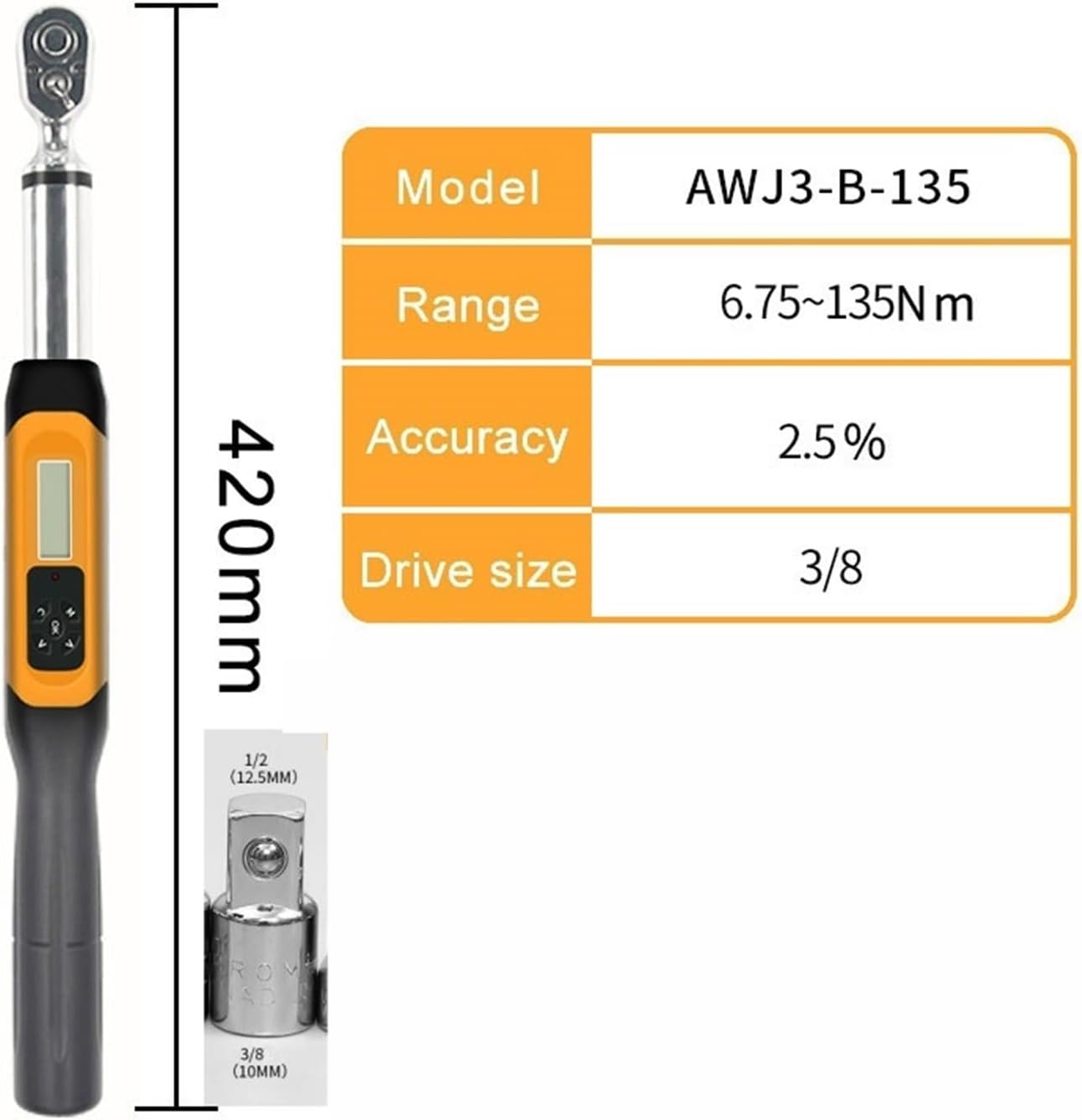 BIRAN Torque Wrench AWJ3-B-135N.M 135N.M Preset Digital Torque Wrench Hand Repair Tool(3/8 to 1/2 AWJ3-B-135)