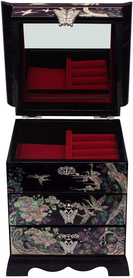 Mother of Pearl Crane Bird and Pine Tree Design Black Wooden Jewelry Drawer Mirror Trinket Keepsake Treasure Gift Asian Lacquer Box Case Chest Organizer