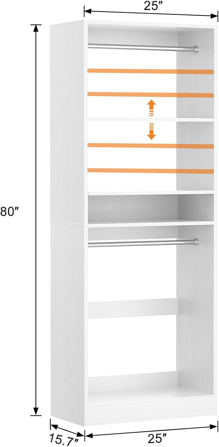 Unikito Freestanding Closet System, 25' Closet Organizer Wardrobe with Hanging Rods & Shelve, Adjustable Clothes Garment Rack, Sturdy Walk in Closet Tower, Easy Assembly, 25' W x 16' D x 80' H, White