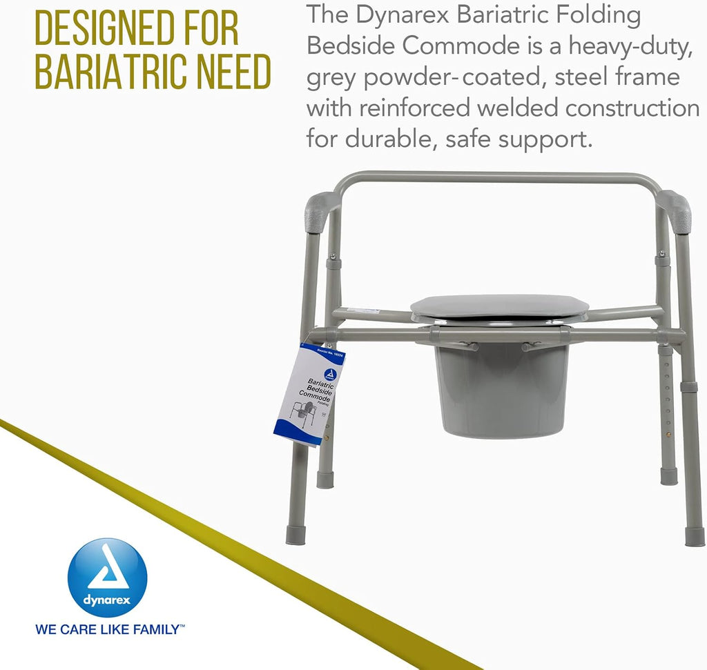 Dynarex Bariatric Folding Bedside Commode, 3 in 1 Portable Toilet Chair, Raised Toilet Seat and Toilet Safety Rail, 1 Commode