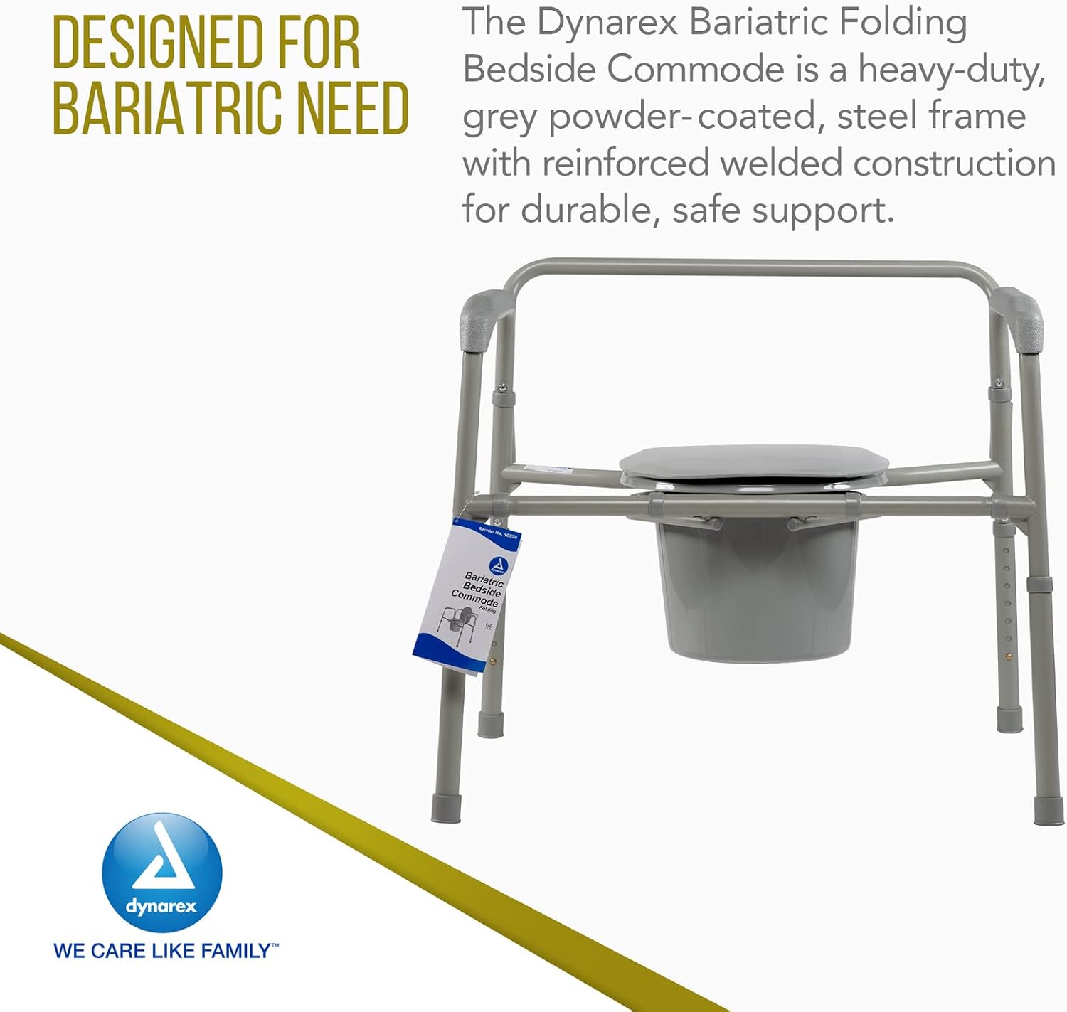 Dynarex Bariatric Folding Bedside Commode, 3 in 1 Portable Toilet Chair, Raised Toilet Seat and Toilet Safety Rail, 1 Commode
