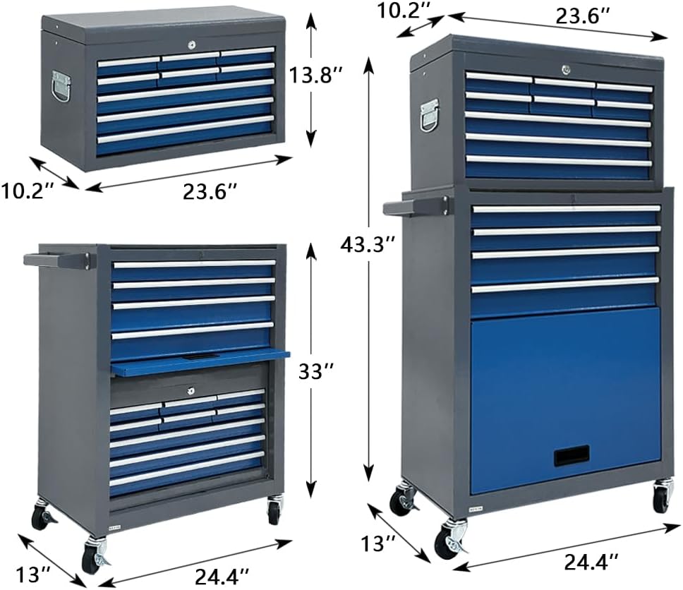 13-Drawer Rolling Tool Chest, 2-in-1 Heavy Duty Detachable Storage Cabinet with Lockable Wheels & Removable Top Box, 600 lbs Capacity for Mechanics, Garage Workshop (Blue＆Grey)