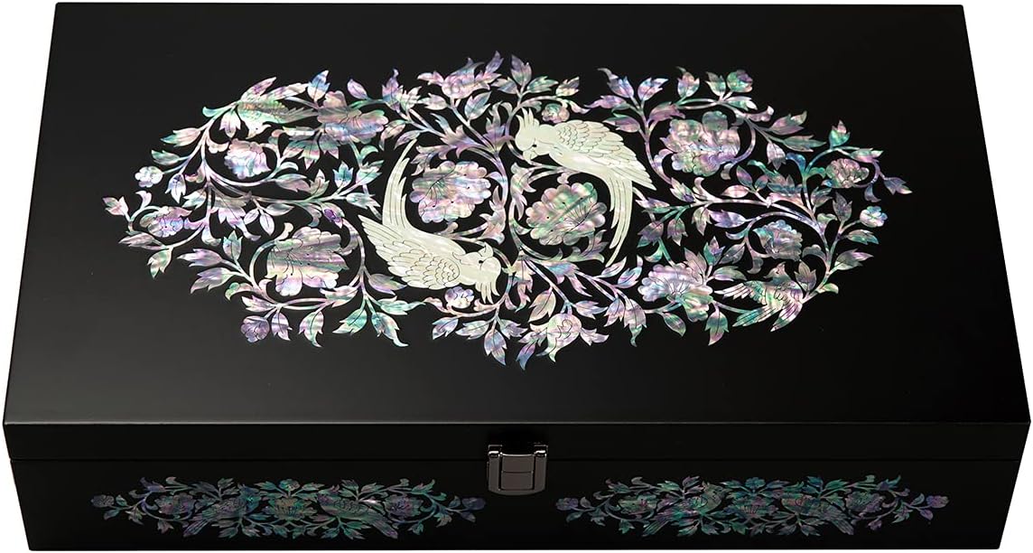 Antique Alive Mother of Pearl Wood Sunglasses Box Eyeglasses Valet Display Storage Case for Glasses, Watches, Jewelry, Trinkets Wooden Accessory Organizer Gift (Parrot Black)
