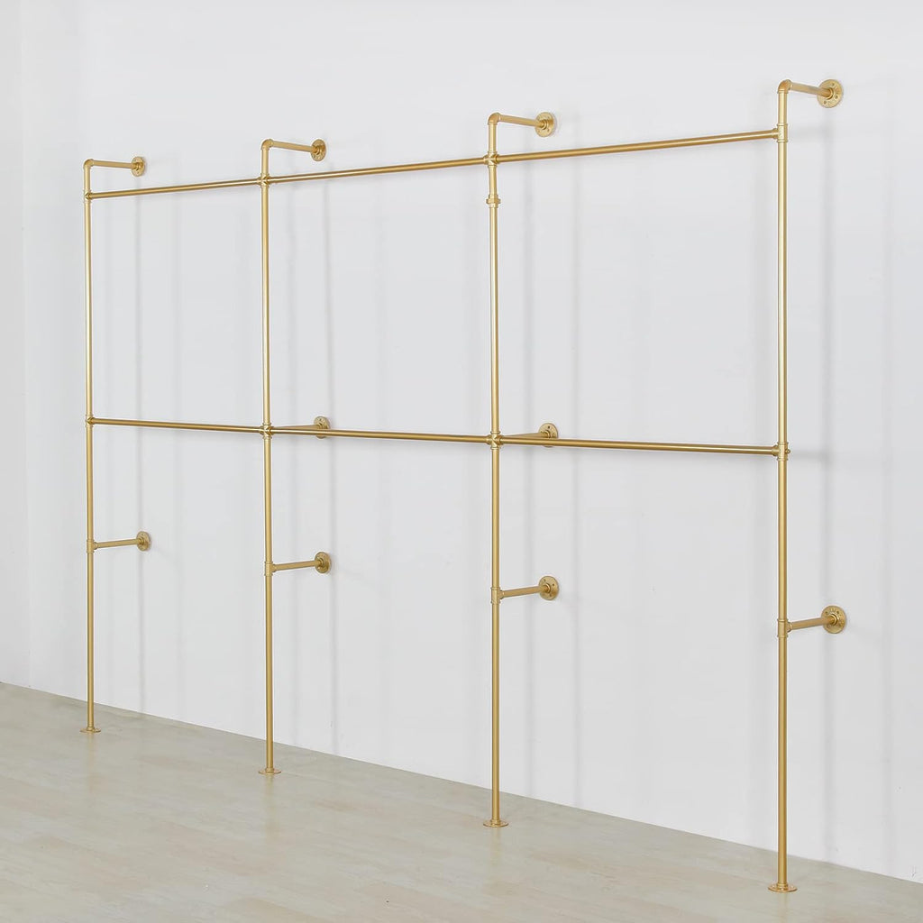 Wall Mounted Industrial Pipe Clothing Garment Racks, Metal Clothing Store Display Stands Clothes Rack Multi-purpose Heavy Duty Hanging Rod for Closet Storage, 134in Gold