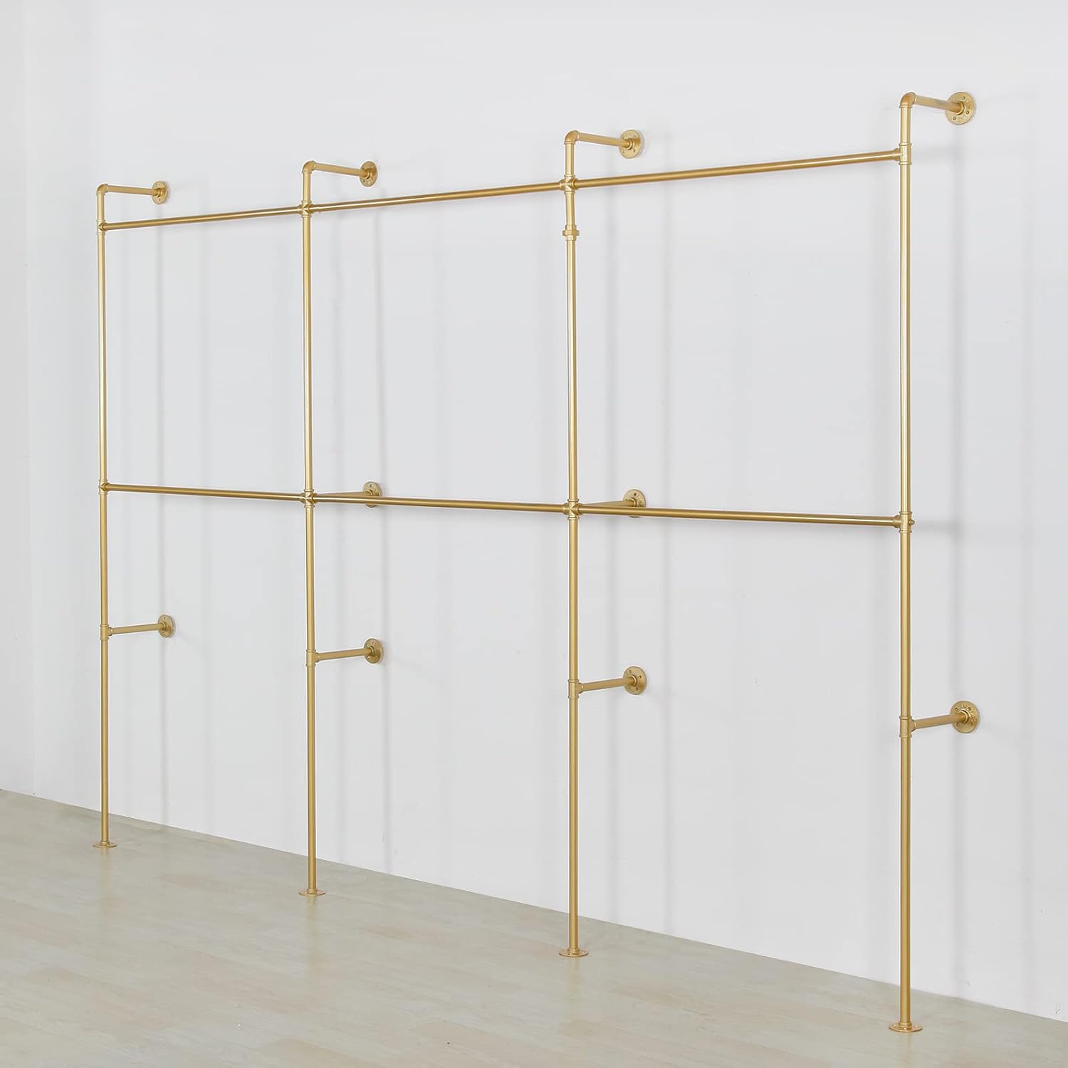 Wall Mounted Industrial Pipe Clothing Garment Racks, Metal Clothing Store Display Stands Clothes Rack Multi-purpose Heavy Duty Hanging Rod for Closet Storage, 134in Gold