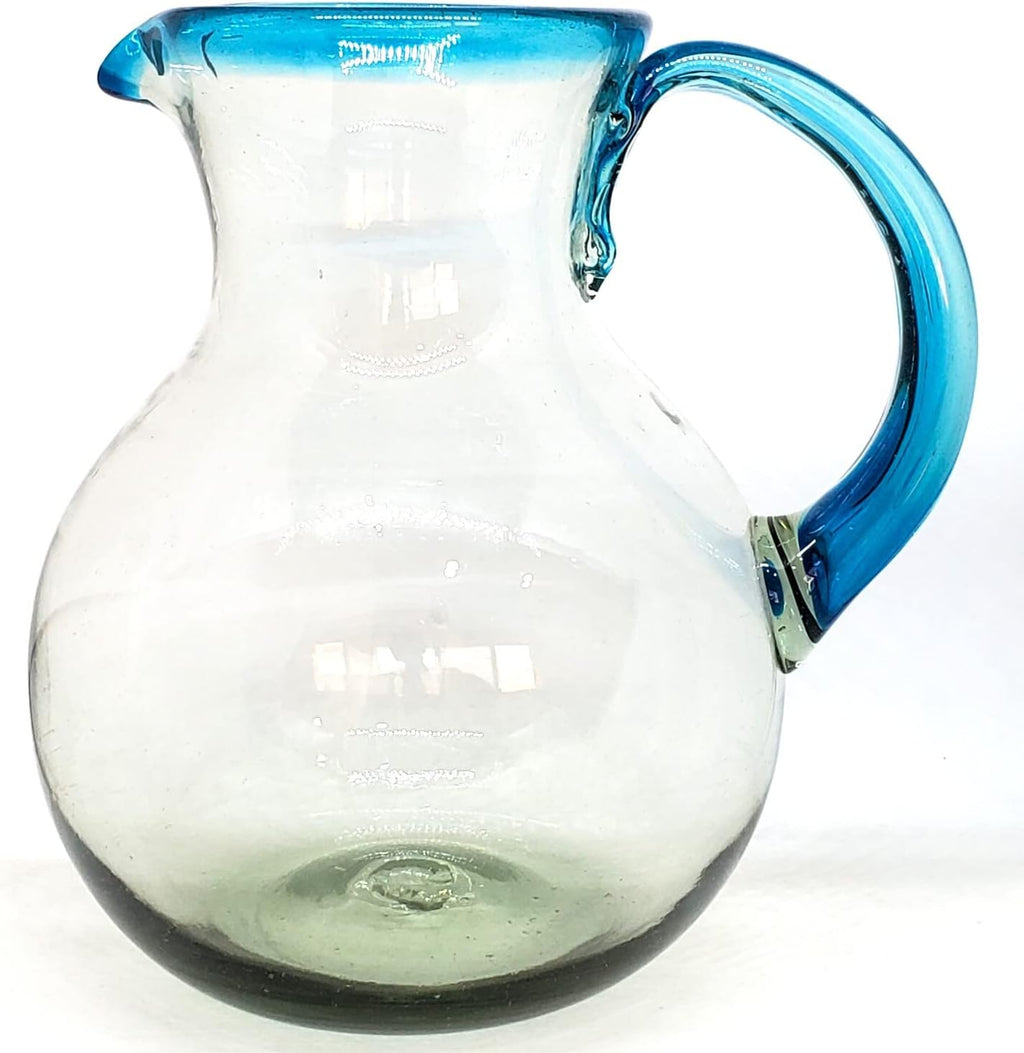 Aqua Blue Rim 120 oz Pitcher and 6 Drinking Glasses set, Recycled Glass, Lead-free, Toxin-Free (Pitcher & Glasses)