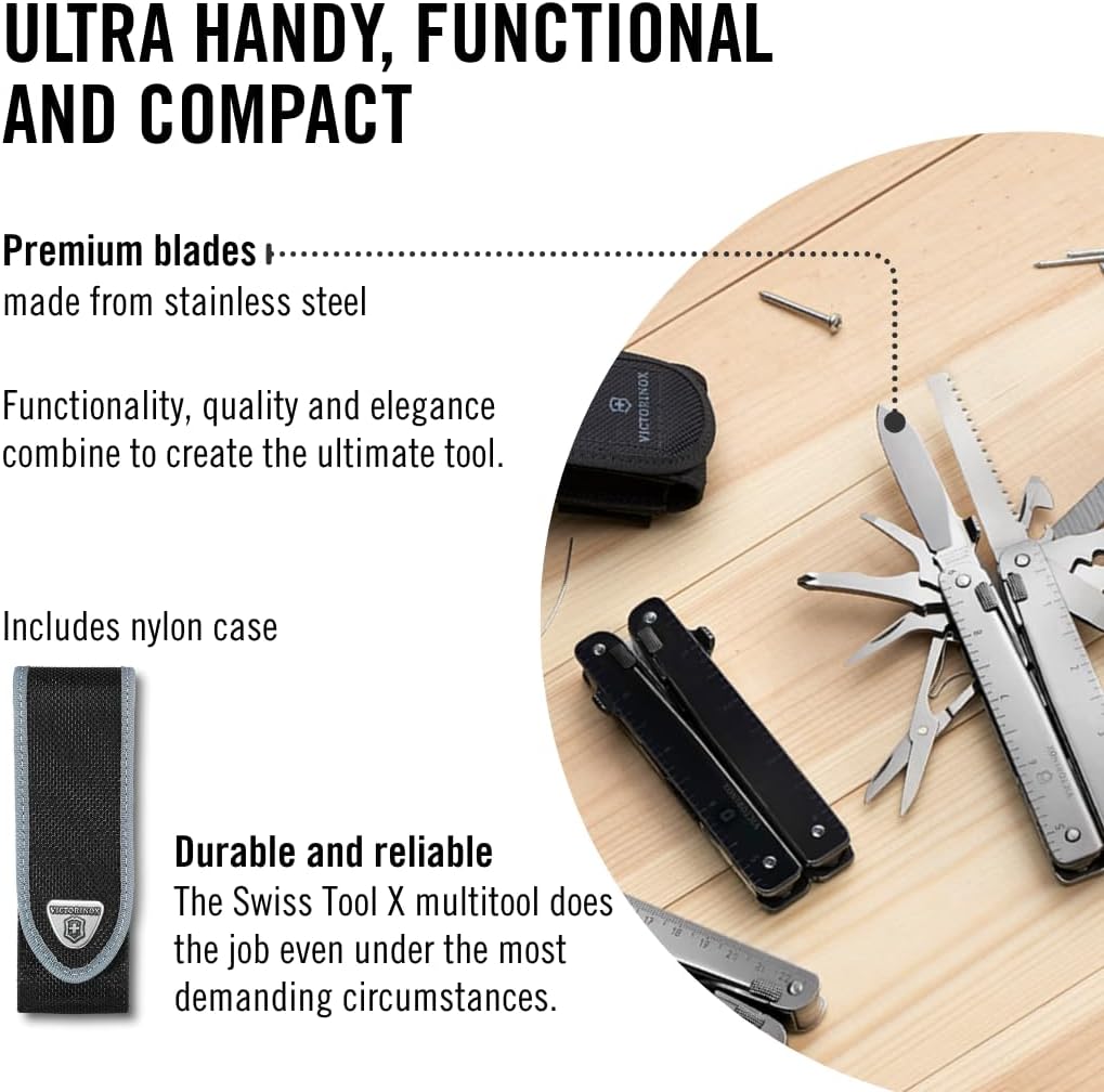 Victorinox Swiss Tool Swiss Army Knife, 24 Function Swiss Made Multi-Tool with Needle-Nose Pliers, Wire Cutters and Large Blade - Silver