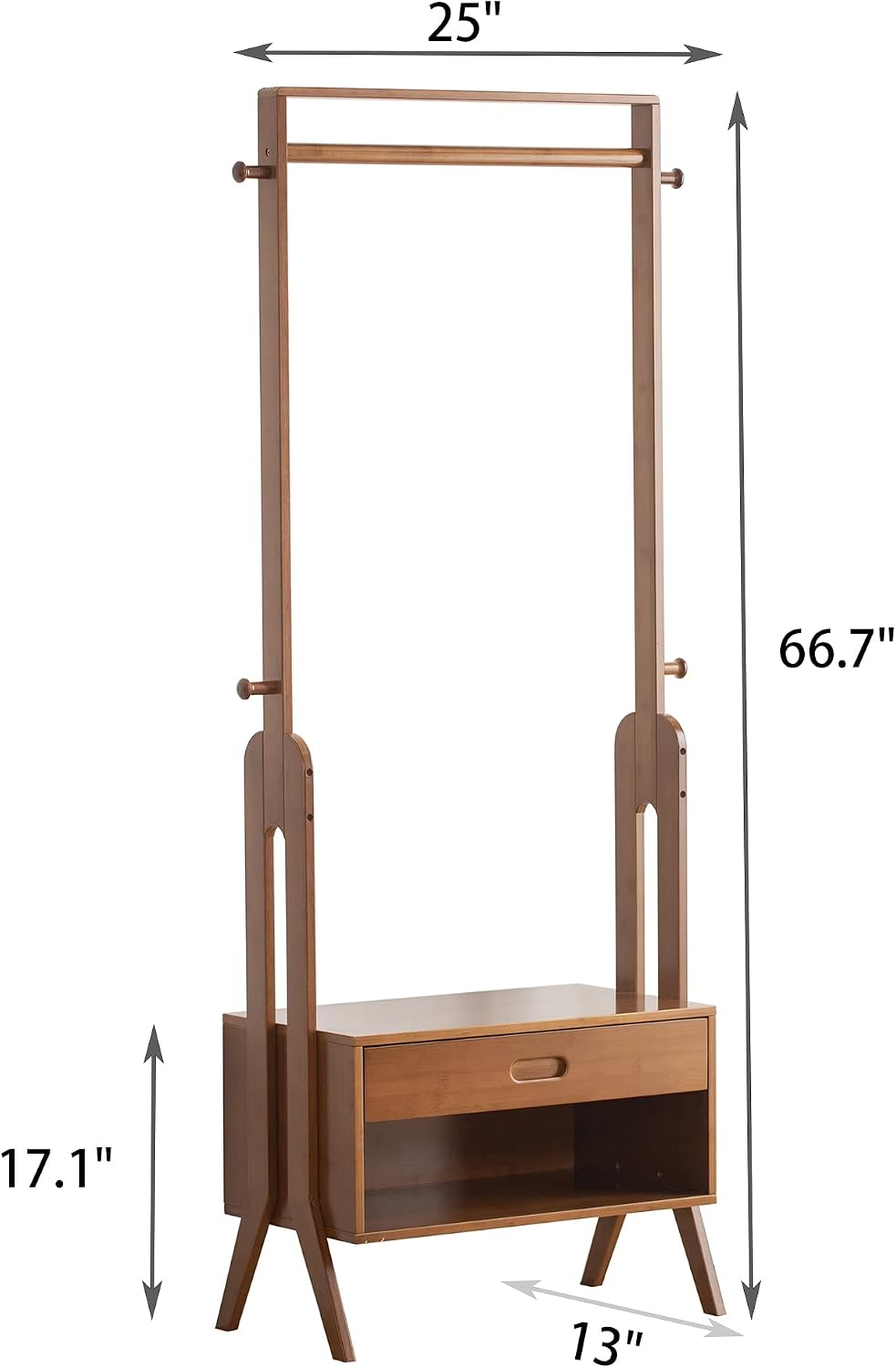 Bamboo Wooden Garment Rack Freestanding Closet Organizers and Storage Drawers with Seat&Hooks, Coat Rack, Open Wardrobe for Entryway and Bed Room Storage (25(L) x 13(W) x 66.5(H))