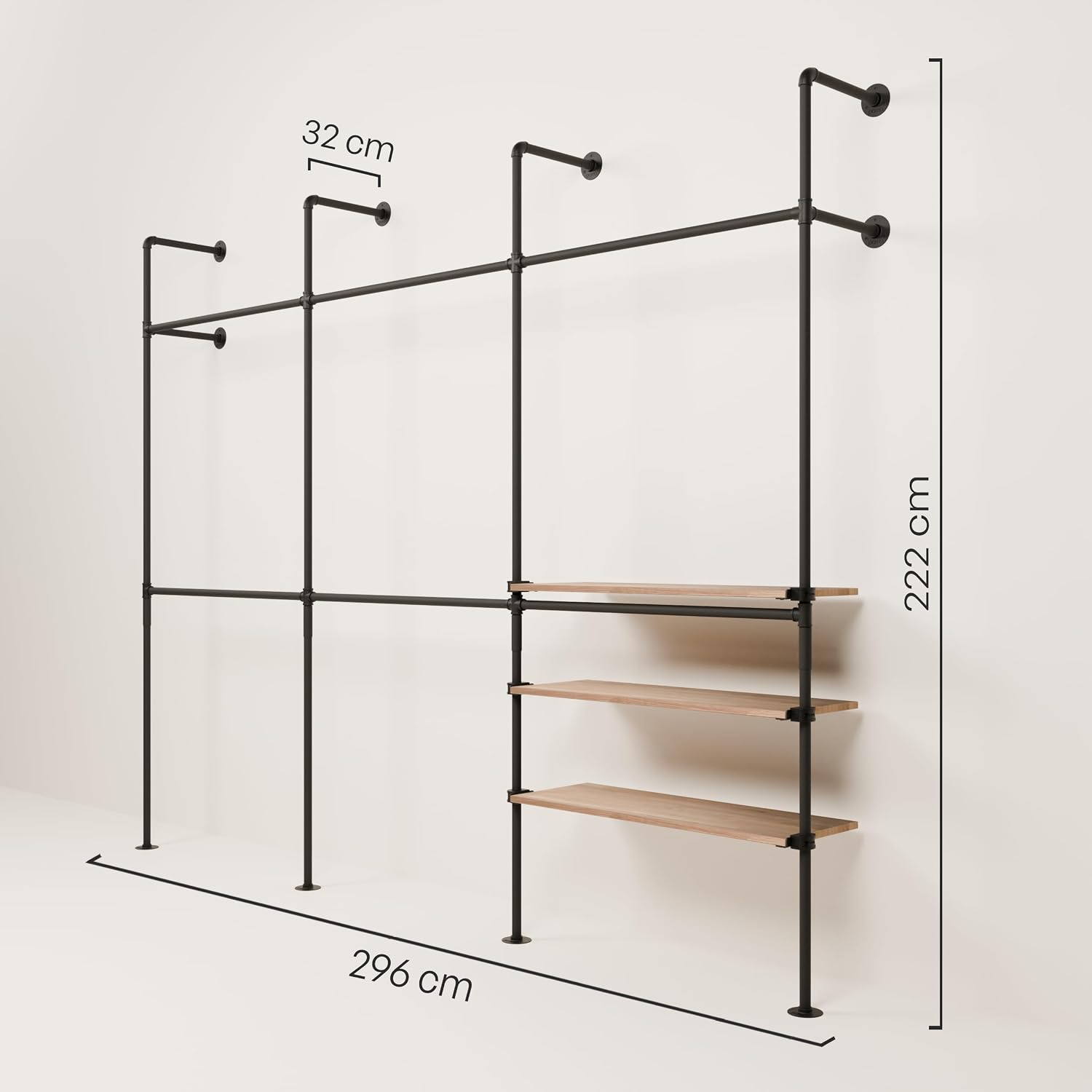 pamo Industrial Pipe Clothing Rack with Shelf – Wall Mounted Closet System, Black Powder-Coated Steel, Oak Boards – Walk-In Closet Organizer & Retail Clothing Rack
