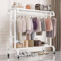 Heavy Duty Metal Clothes Rack, Double Rods Rolling Hanging Clothing Rack, Industrial Pipe Clothes Organizer on Wheels for Home and Retail,White,120 * 50 * 150cm