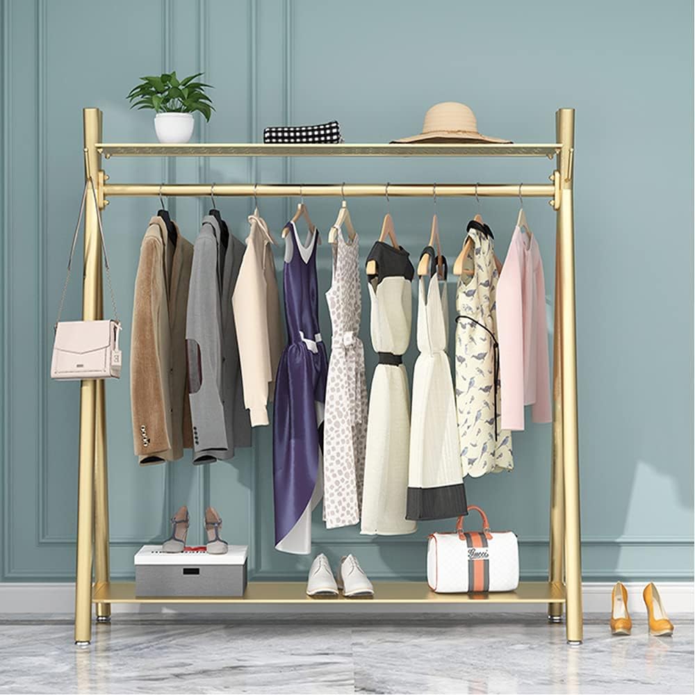 Freestanding Industrial Gold Clothes Rack with Double Shelves, Heavy Duty Movable Coat Rack for Organizing Clothes and Shoes (47'' L)