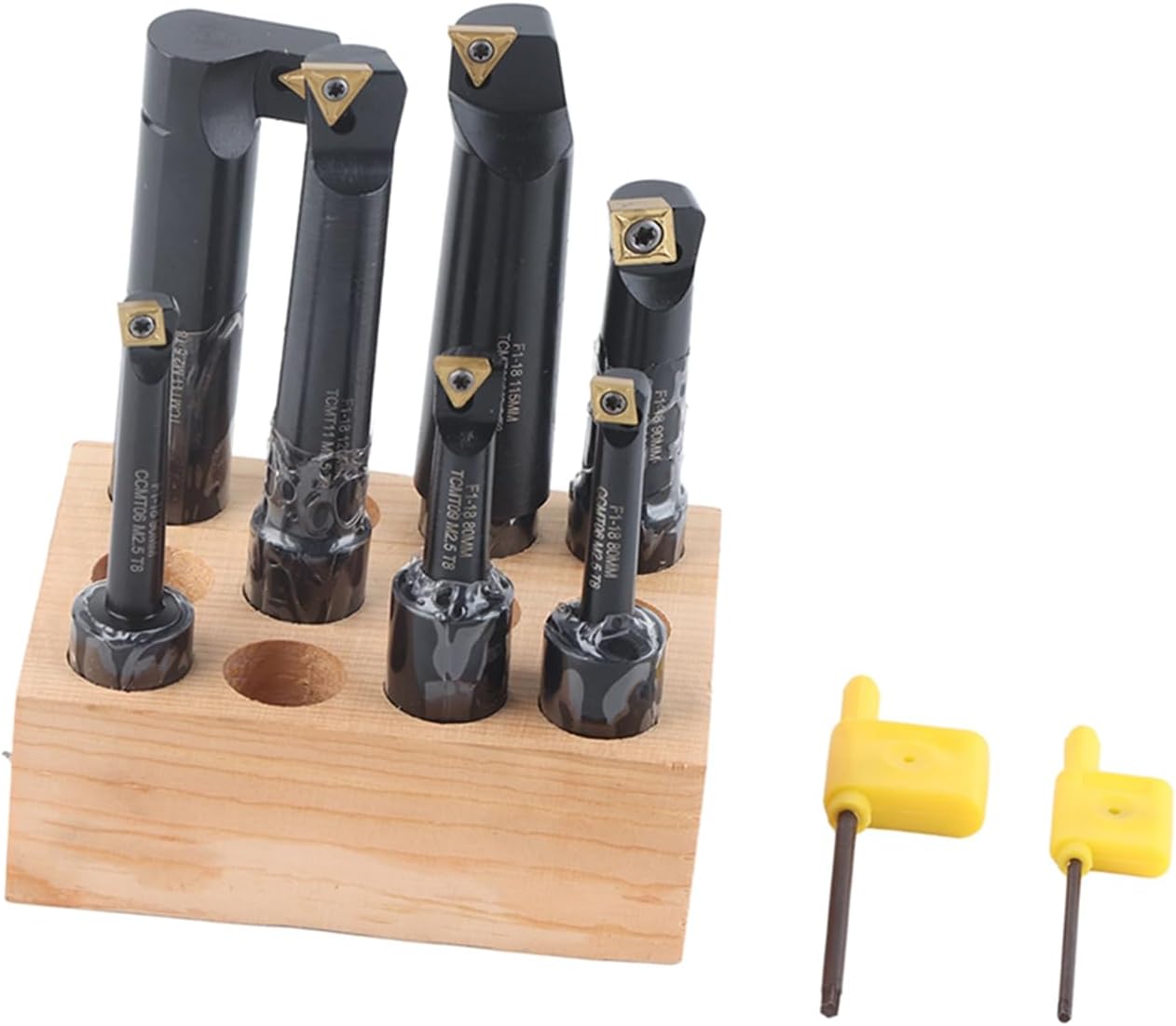 7Pcs Boring Tool Set, Indexable Cemented Carbide Turning Bar Holder, Round Shank Boring Bar for Lathe and Boring Machine, F1-18 with Wood Block Storage