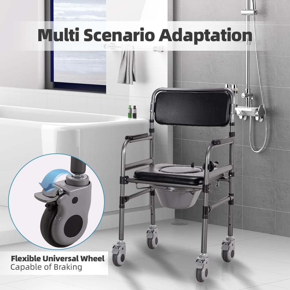 Bedside Commode Chair for Seniors, 3-in-1 Foldable Toilet Chair Wheels 400lbs Heavy Duty, Adjustable Shower Chair PU Seat Backrest, Portable Commode Elderly Disabled, Toilet-Round