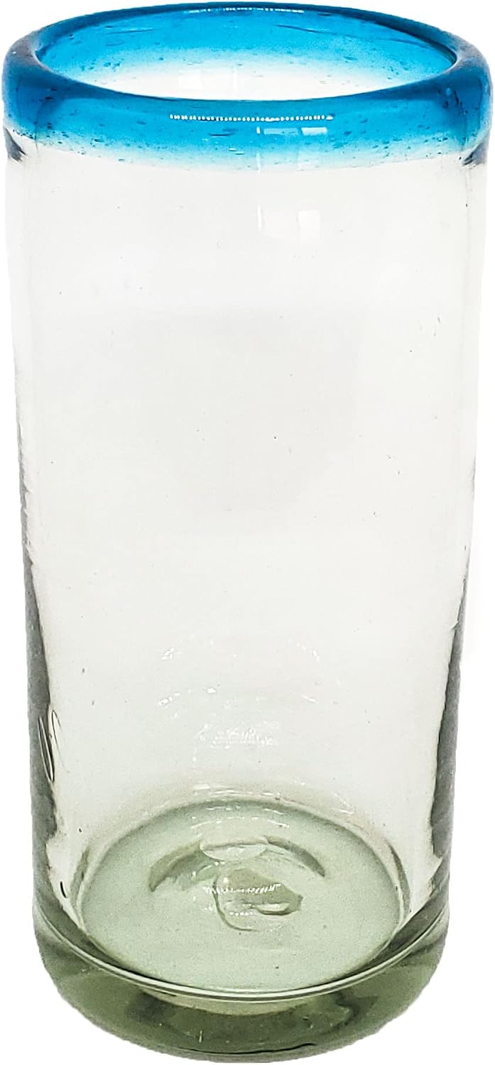 Aqua Blue Rim 20 oz Tall Iced Tea Glasses (set of 6) Mexican Handmade Glassware, Recycled Glass, Lead-free, Toxin-Free (Tall Iced Tea)