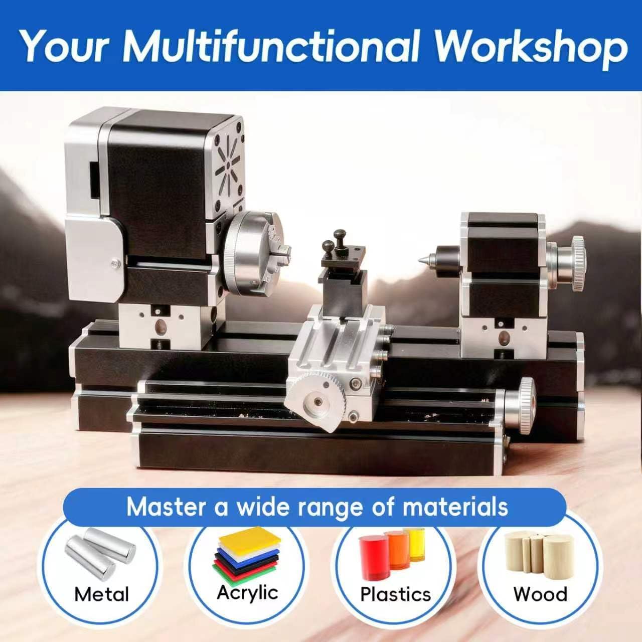 ZHRUI Electroplated all Metal Mini Miniature Didactical Metal Lathe 50mm Center 36W 20000RPM for Processing Aluminum,Wood, Plastic Materials (Heighten Style)