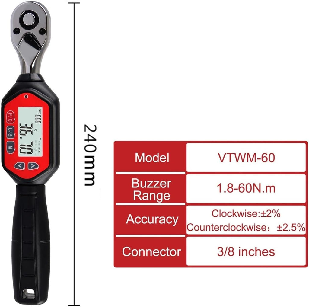 3/8-inch Drive 1.8-60Nm Digital Torque Wrench 1.33-44.25 Ft-lbs (16-531 Inch Pound) with Buzzer & LED