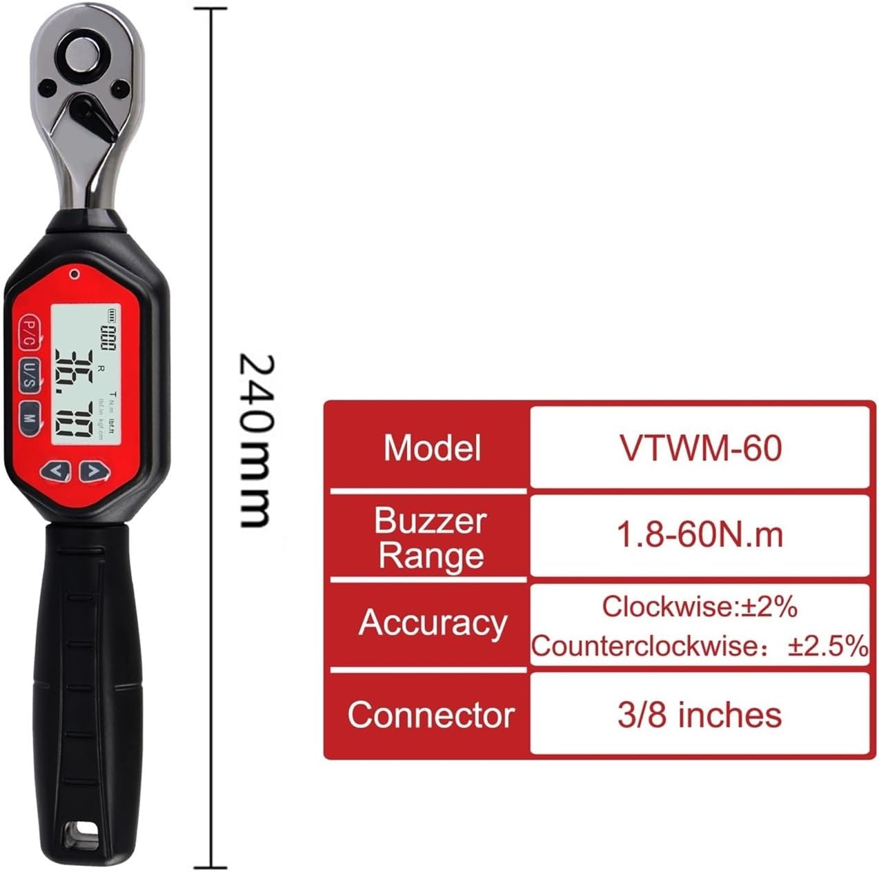 3/8-inch Drive 1.8-60Nm Digital Torque Wrench 1.33-44.25 Ft-lbs (16-531 Inch Pound) with Buzzer & LED