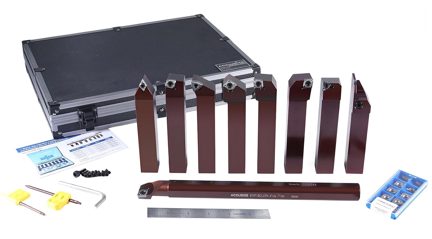 Accusize 1' Shk 9-Pc Indexable Turning & Boring Set for Aluminum, 3988-0001 | Uncoated Sharp-Edge Carbide Inserts for Aluminum, 9-Piece Indexable Turning and Boring Set