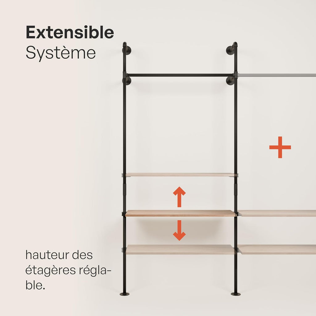 pamo Industrial Pipe Clothing Rack with Shelf – Wall Mounted Closet System, Black Powder-Coated Steel, Oak Boards – Walk-In Closet Organizer & Retail Clothing Rack