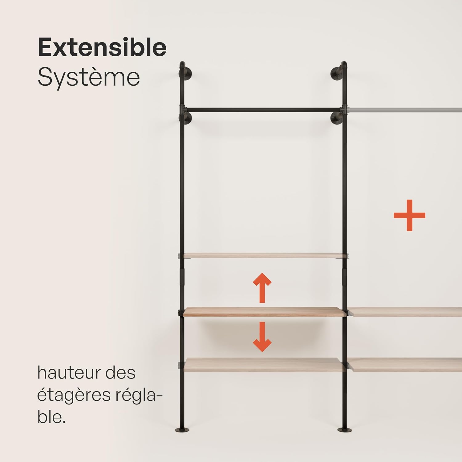 pamo Industrial Pipe Clothing Rack with Shelf – Wall Mounted Closet System, Black Powder-Coated Steel, Oak Boards – Walk-In Closet Organizer & Retail Clothing Rack