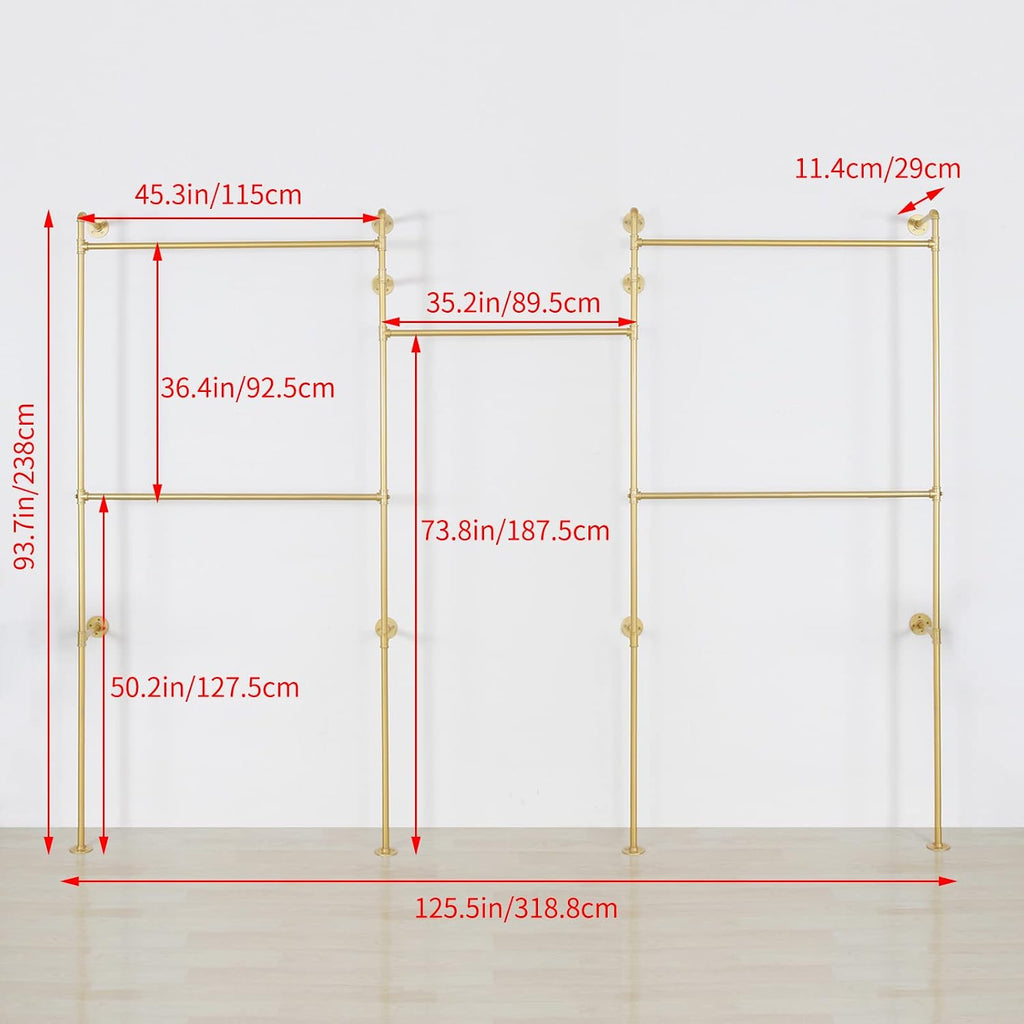 Industrial Pipe Clothing Rack Wall Mounted 5 Hanging Rods Garment Bar, Heavy Duty Closet Storage Rod Vintage Commercial Clothes Racks for Hallway Retail Boutique (Gold)