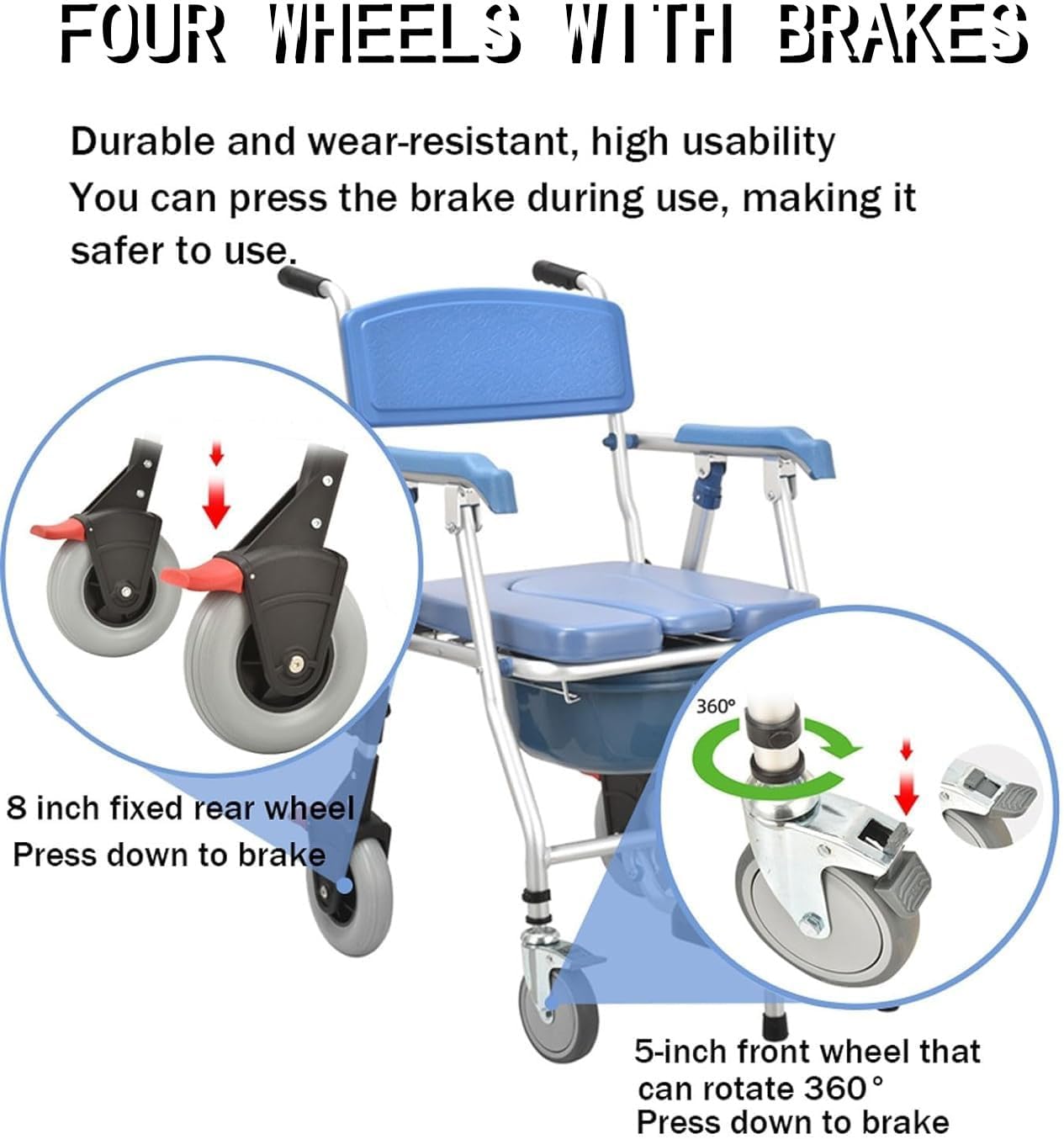 Commode Chair for Seniors with Wheels, 3-in-1 Toilet Shower Wheelchair for Seniors Injured Person Pregnant Shower Chair Foldable with Brake and Oval Commode, up to 150Kg