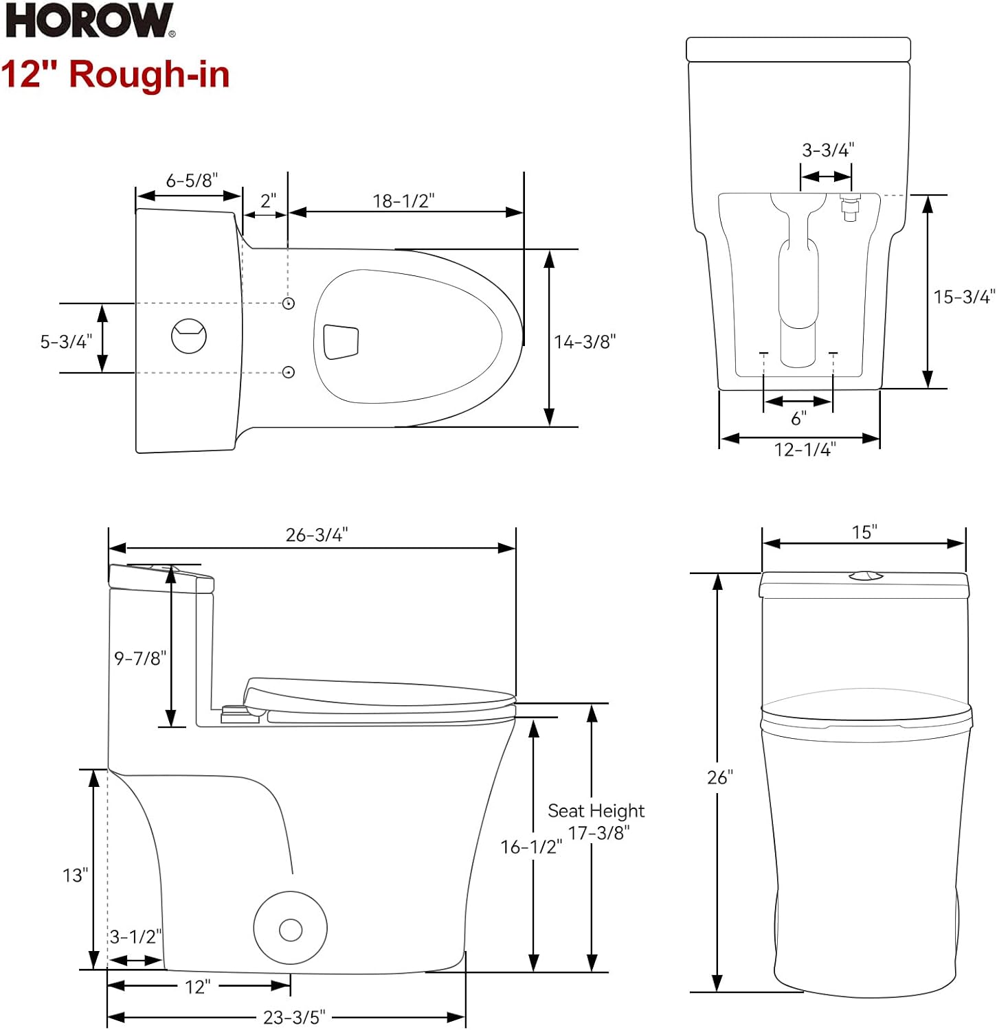 HOROW T0338W Compact One Piece Toilet, ADA Chair Height 17.3', Elongated Bowl, Dual Flush 1.1/1.6 GPF, White, 12 Inch Rough-In