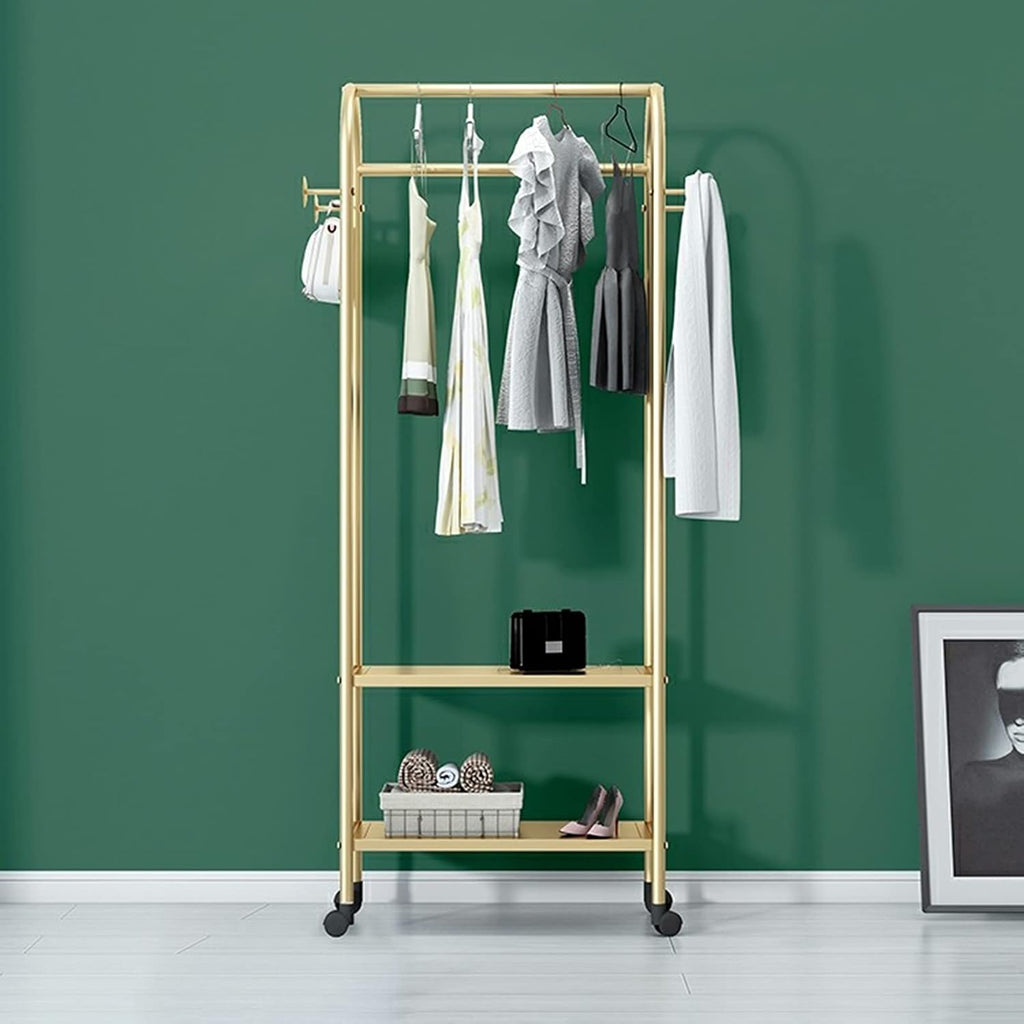 Garment Rack Heavy Duty Metal Rolling Garment Rack With Wheel, Retail Display Clothing Rack With 2 Tier Shelves And Hooks, Floor-Standing Wrought Iron Single Rod Coat Rac(Size:60x35x164CM,Color:Gold)