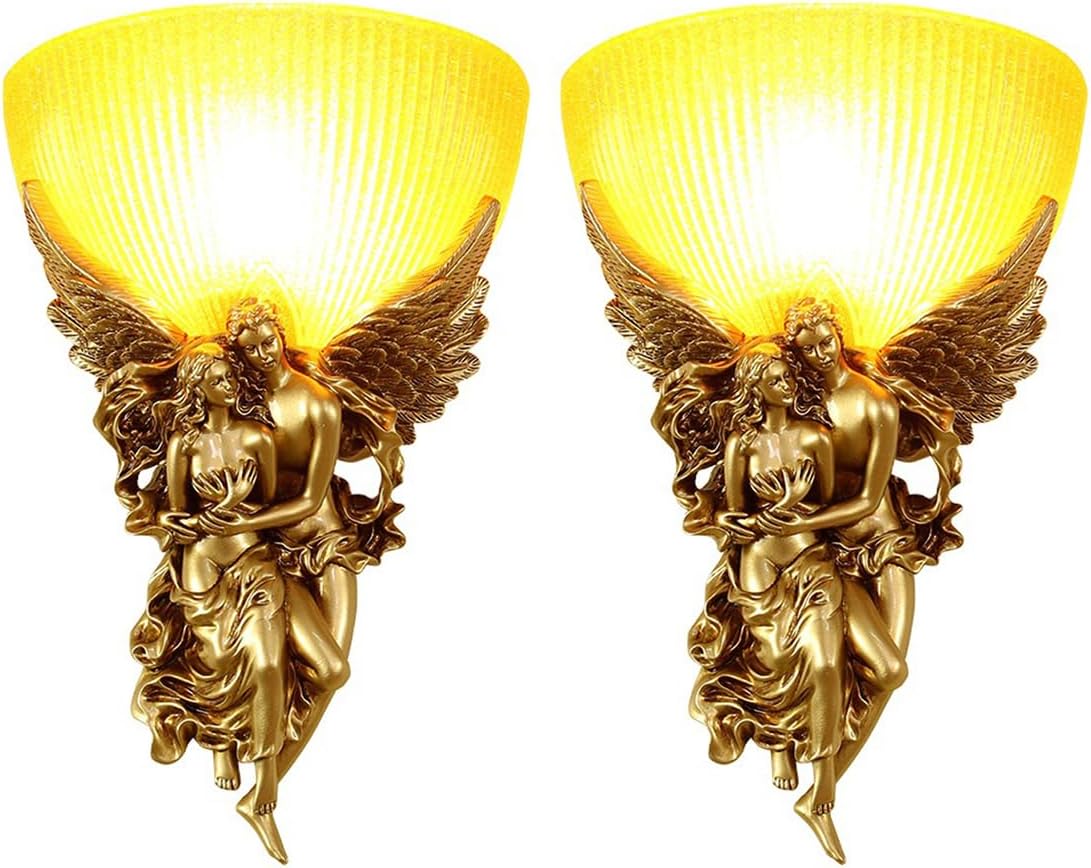 2-Pack Vintage Wall Sconce Lights Gold Unique Antique Sconces with Frosted Glass Lamp Shade Resin Angel Art Deco Style European Modern Wall Lighting for Living Room Hallway Bedroom
