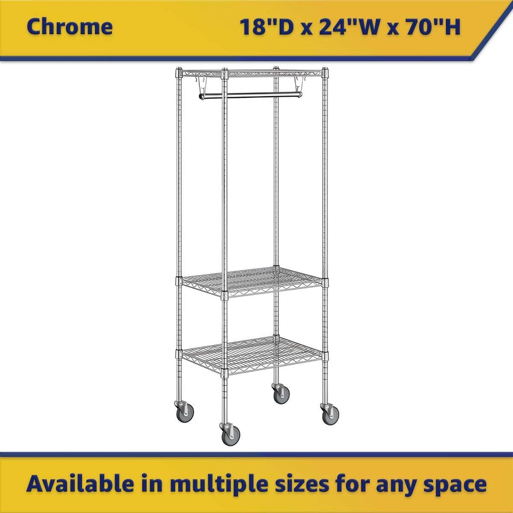 18' x 24' x 70' NSF Chrome Clothes Rack with Wheels, Heavy Duty Garment and Coat Shelf Organizer