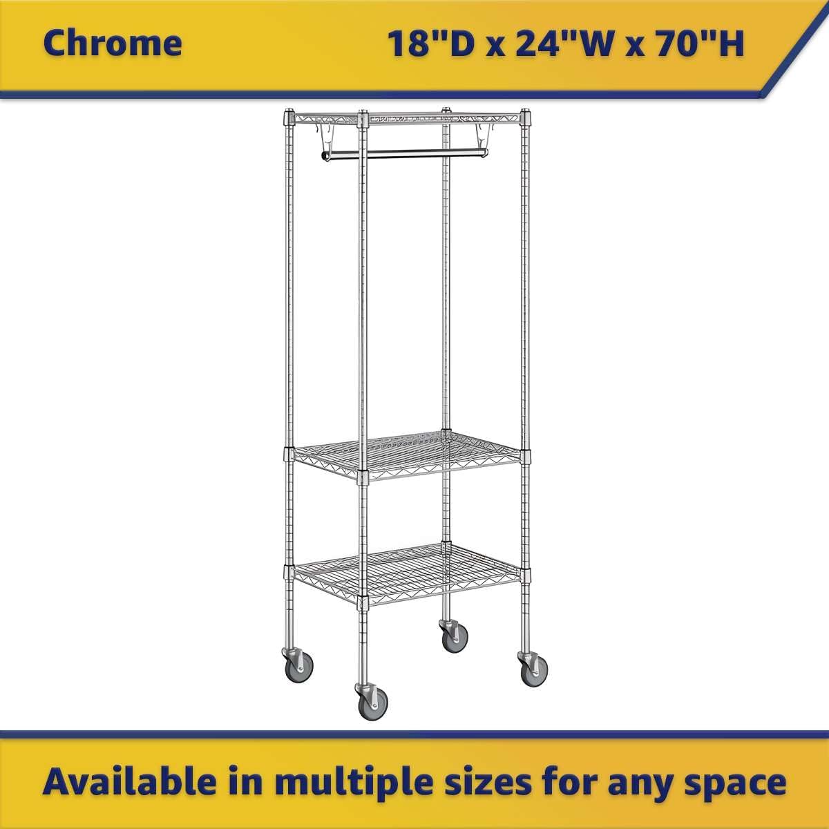18' x 24' x 70' NSF Chrome Clothes Rack with Wheels, Heavy Duty Garment and Coat Shelf Organizer