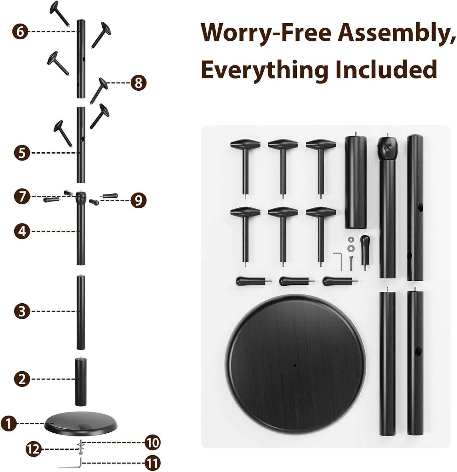 Taitiy Solid Wood Coat Rack Freestanding Coat Tree with 10 Hooks for Bedroom, Livingroom, Entryway, Sturdy Coat Hanger Stand for Hats, Coats, Scarves, Handbags, Purses