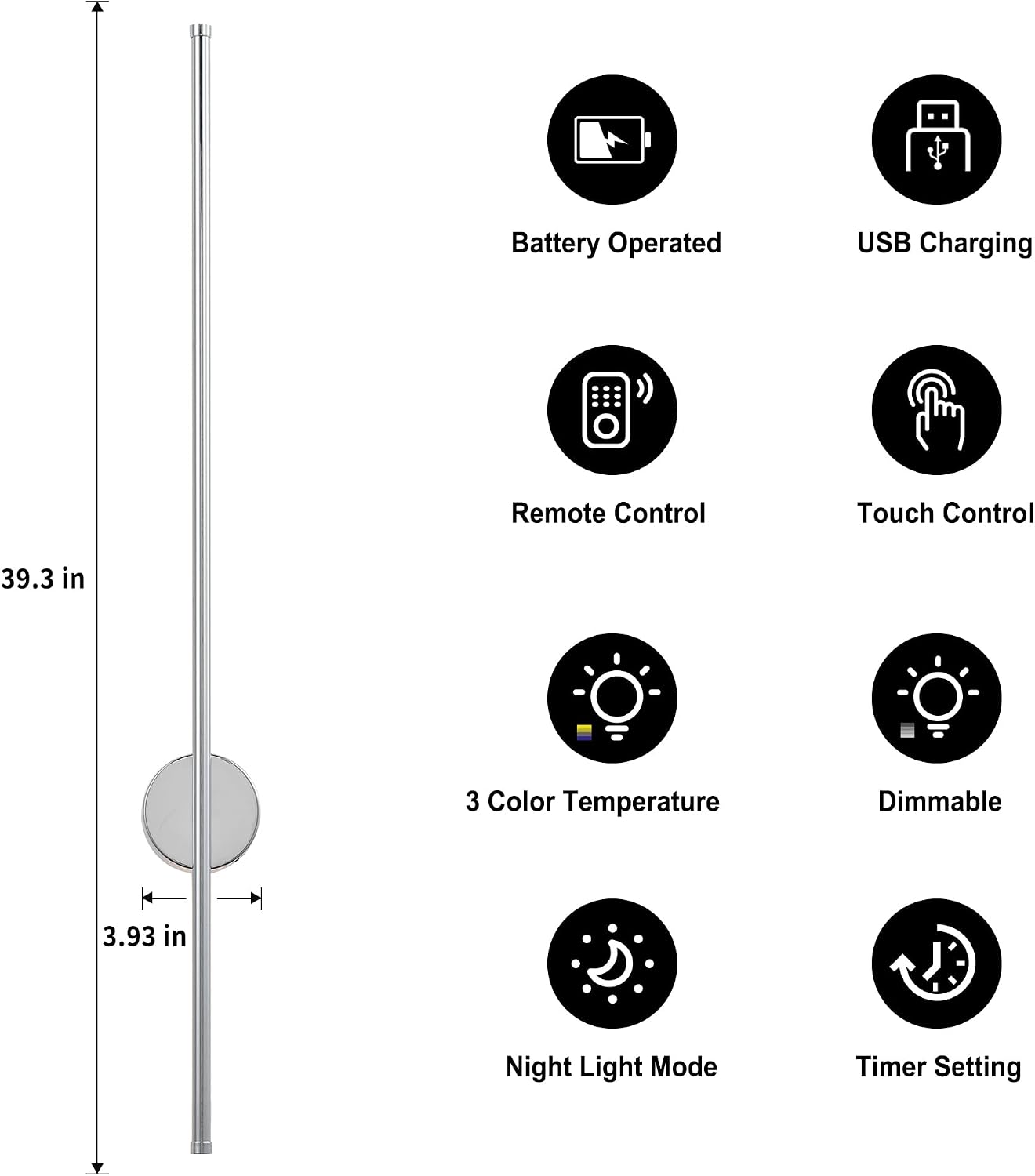 Battery Operated Modern Wall Sconces, Dimmable Wireless Wall Light Set of Two with Remote Control, 3 Color Temperatures, Rechargeable LED Wall Sconce for Bedroom, Living Room,Hallway, 39.3 Inch Chrome
