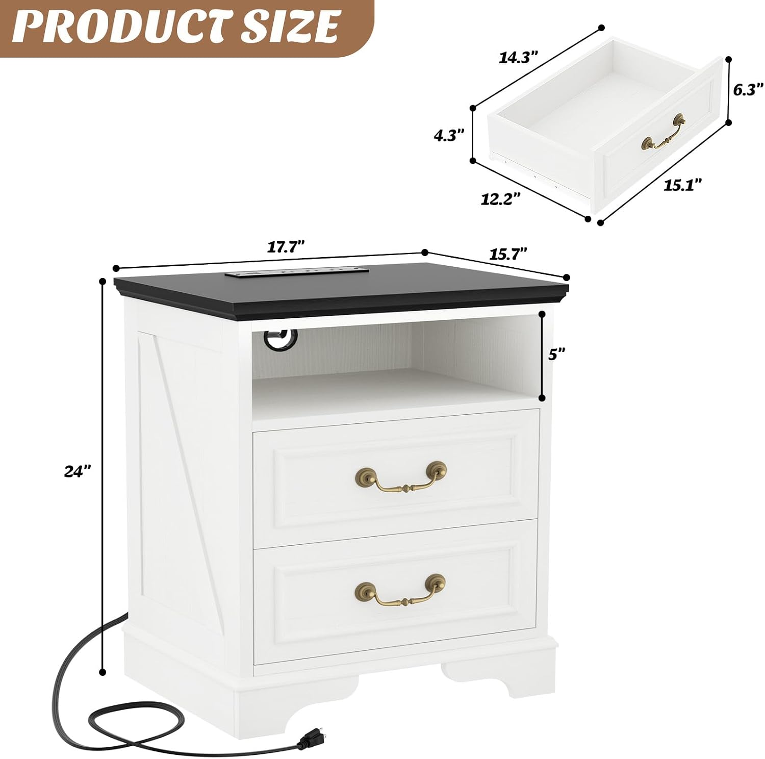 Unikito Farmhouse Nightstands Set of 2, Night Stands with Charging Station, Bedside Table with 2 Large Drawers & Vintage Handles, Side Table with Open Storage for Bedroom (Antique White)