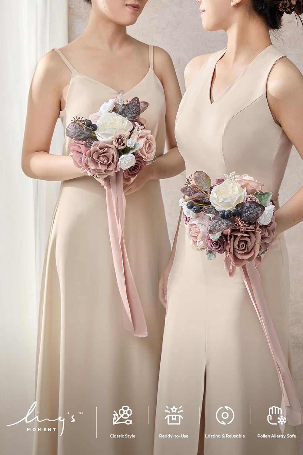 Ling's moment Wedding Artificial Flowers Package, Bridal Bouquet, Bridesmaid Bouquets, Boutonniere for Men, Rose Petals.Dusty Rose Muave