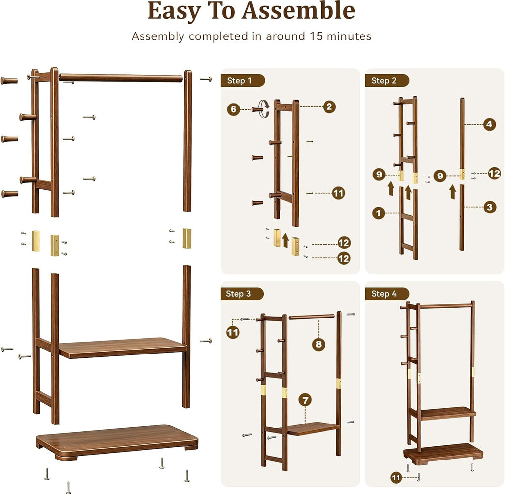 Taitiy Coat Rack Solid Wood Clothes Rack with 2 Shelves & 5 Hooks for Hanging Clothes Garment Wallets Hats, Clothing Rack Coat Rack Freestanding Hall Tree with Storage for Hallway Bedroom Living Room