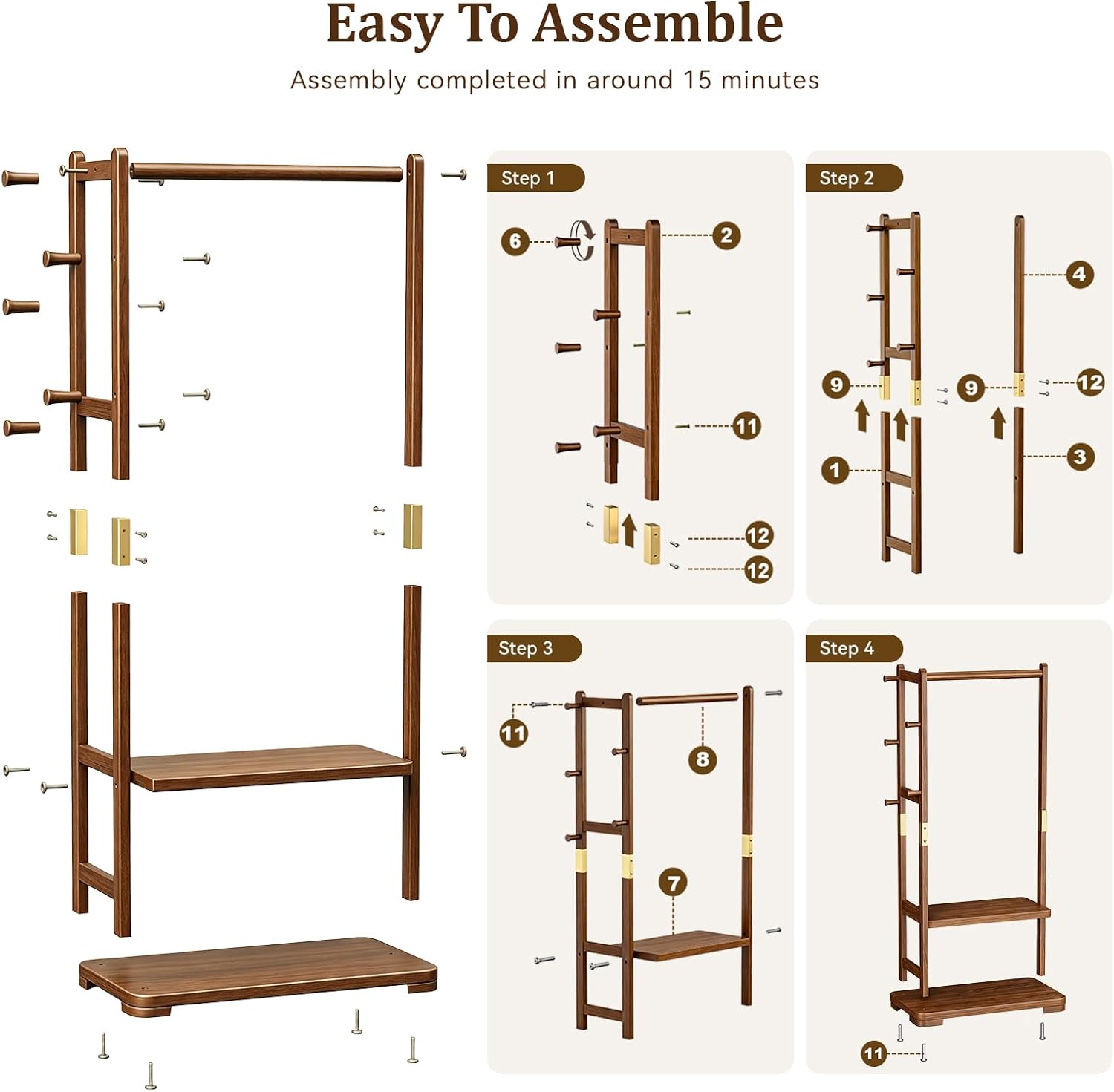 Taitiy Coat Rack Solid Wood Clothes Rack with 2 Shelves & 5 Hooks for Hanging Clothes Garment Wallets Hats, Clothing Rack Coat Rack Freestanding Hall Tree with Storage for Hallway Bedroom Living Room