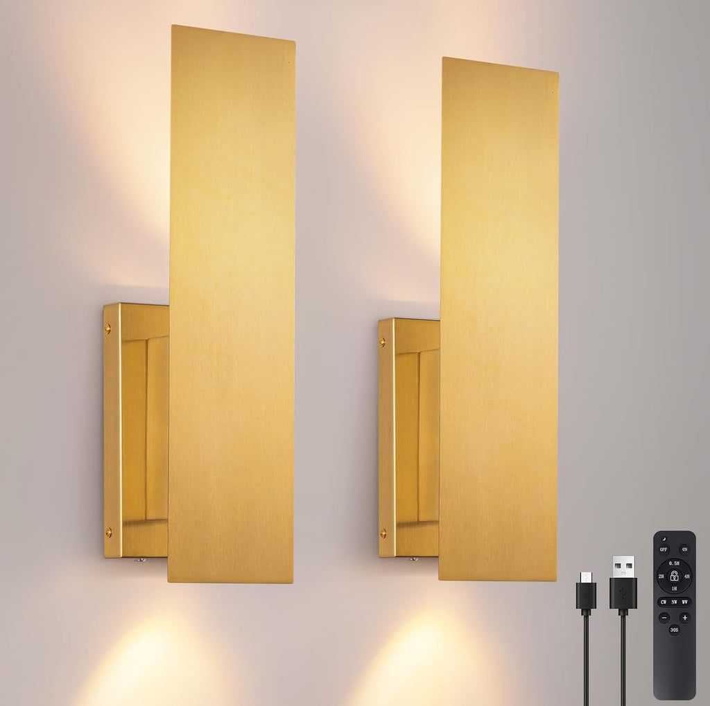 Gold Wireless Wall Sconces Set of Two,3000K-6000K Dimmable Battery Operated Wall Sconce with Remote,USB Rechargeable LED Wall Lights for Living Room Bedroom Hallway