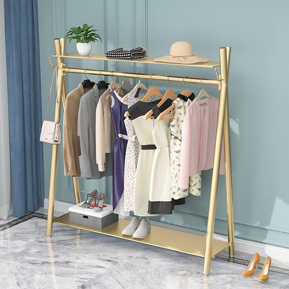 Clothes rack Gold, Freestanding Industrial Garment Rack with Double shelves Multi-functional Bedroom Hanging Clothing Rack,Heavy Duty Coat Rack Organizer for Bedroom Shoes 1 pack (39'' L)