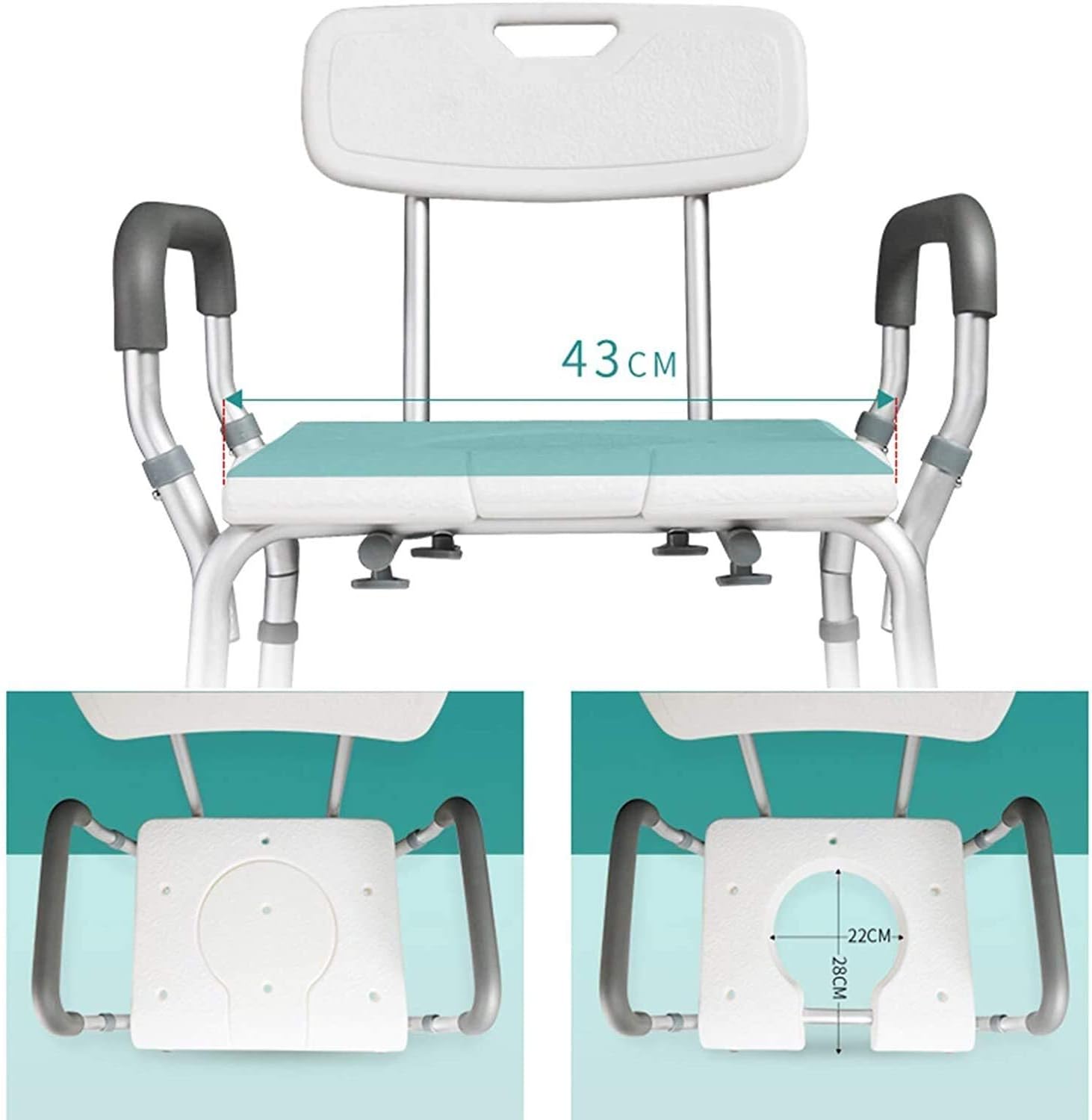 Shower Chair Heavy Duty Height Adjustable Commode Seat with Arms and Back, U-Shaped Bathroom Stool Non-Slip Load Weight 150Kg,for Elderly Seniors Disabled Shower Auxiliar,White B