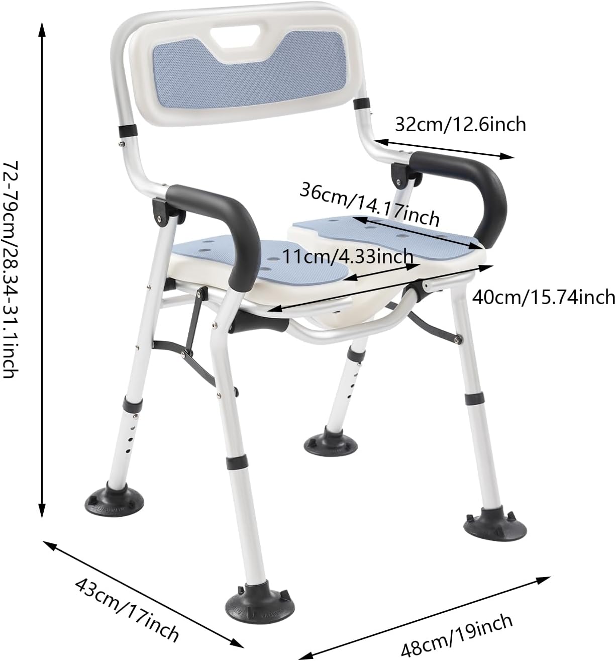 Folding Bedside Commode Chair -Toilet Seat Riser for Seniors Stable Portable U-Shape Seat - Shower Chair for Private Washing, Adjustable Height Chair - Supports Up to 330 Lb (Greay)