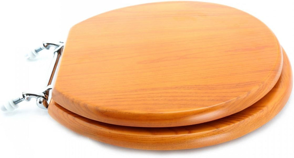 Renovators Supply Manufacturing™ Light Oak Wooden Round Toilet Seat with Chrome Hinges & Stabilizers – Solid Hardwood, Durable Cross-Frame Design