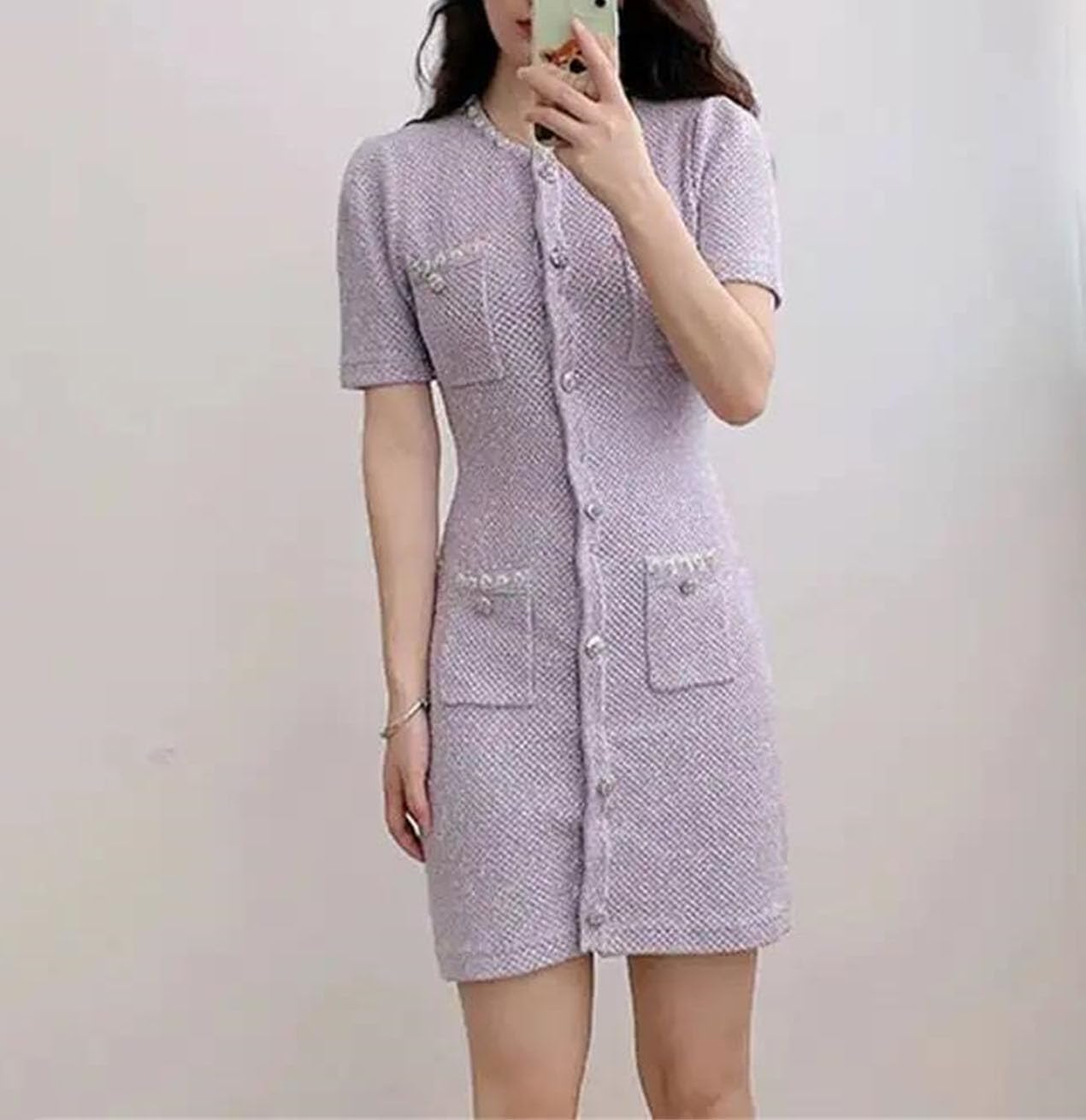 Pegsmio Women's Crystal Knitted Dresses Summer Holiday Single Breasted Pearl Sequins Flower Pencil Evening Party Dress