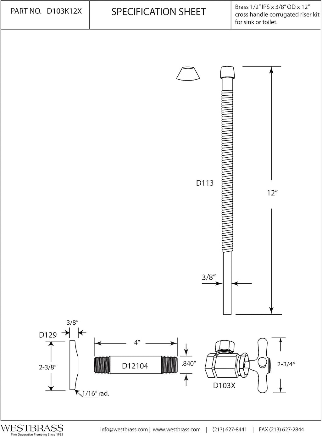 Westbrass D103K12X-62 1/2' IPS' x 3/8' OD x 12' Corrugated Riser Supply Line Kit with Cross Handle Angle Supply Shut Off Valve for Faucet and Toilet, Matte Black