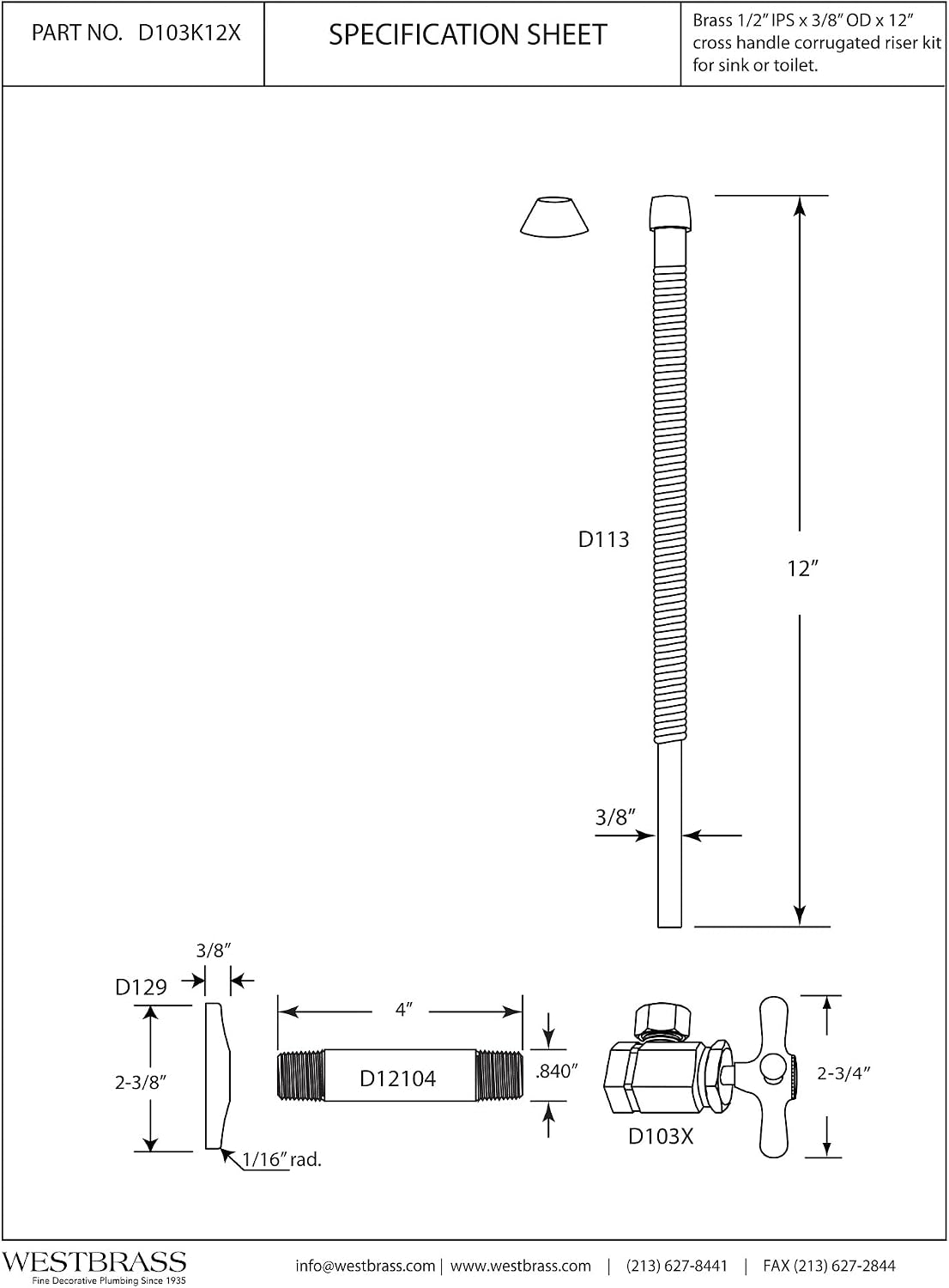 Westbrass D103K12X-62 1/2' IPS' x 3/8' OD x 12' Corrugated Riser Supply Line Kit with Cross Handle Angle Supply Shut Off Valve for Faucet and Toilet, Matte Black