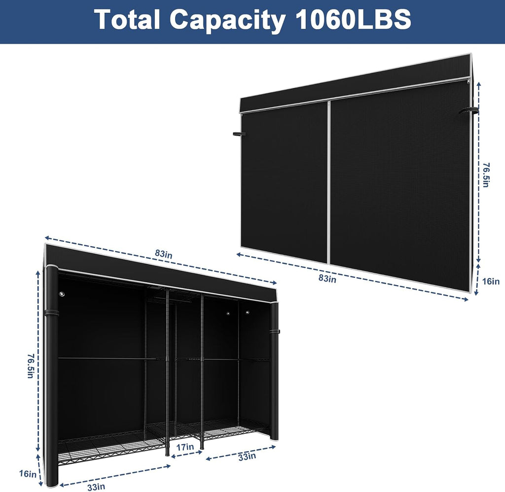Ulif E12C Max Heavy Duty Closet Organizer System，Freestanding Clothing Rack, Adjustable Garment Rack 83' W x 16' D x 76.5' H Holds 1060 lbs, Black Clothing Rack with Black Dustproof Cover