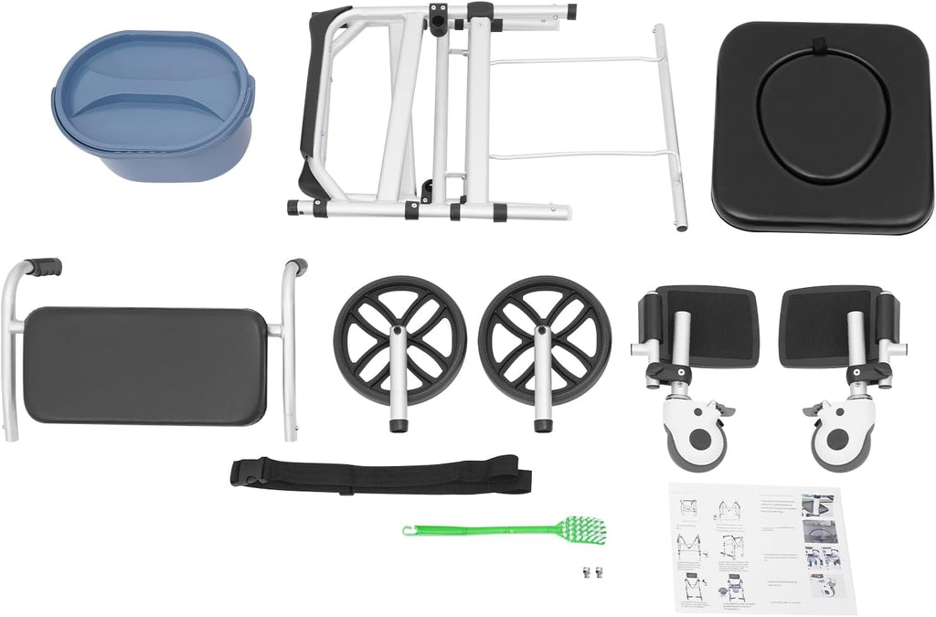 Foldable Shower Chair, Shower Wheelchair with Lockable Wheels Rolling Bedside Commode for Toilet with Height Adjustable & Sponge Padded Seat for Elderly and Disabled Support 330lbs (O-S)